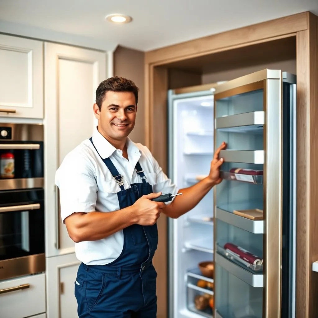 Appliance repair technician servicing a premium built-in refrigerator